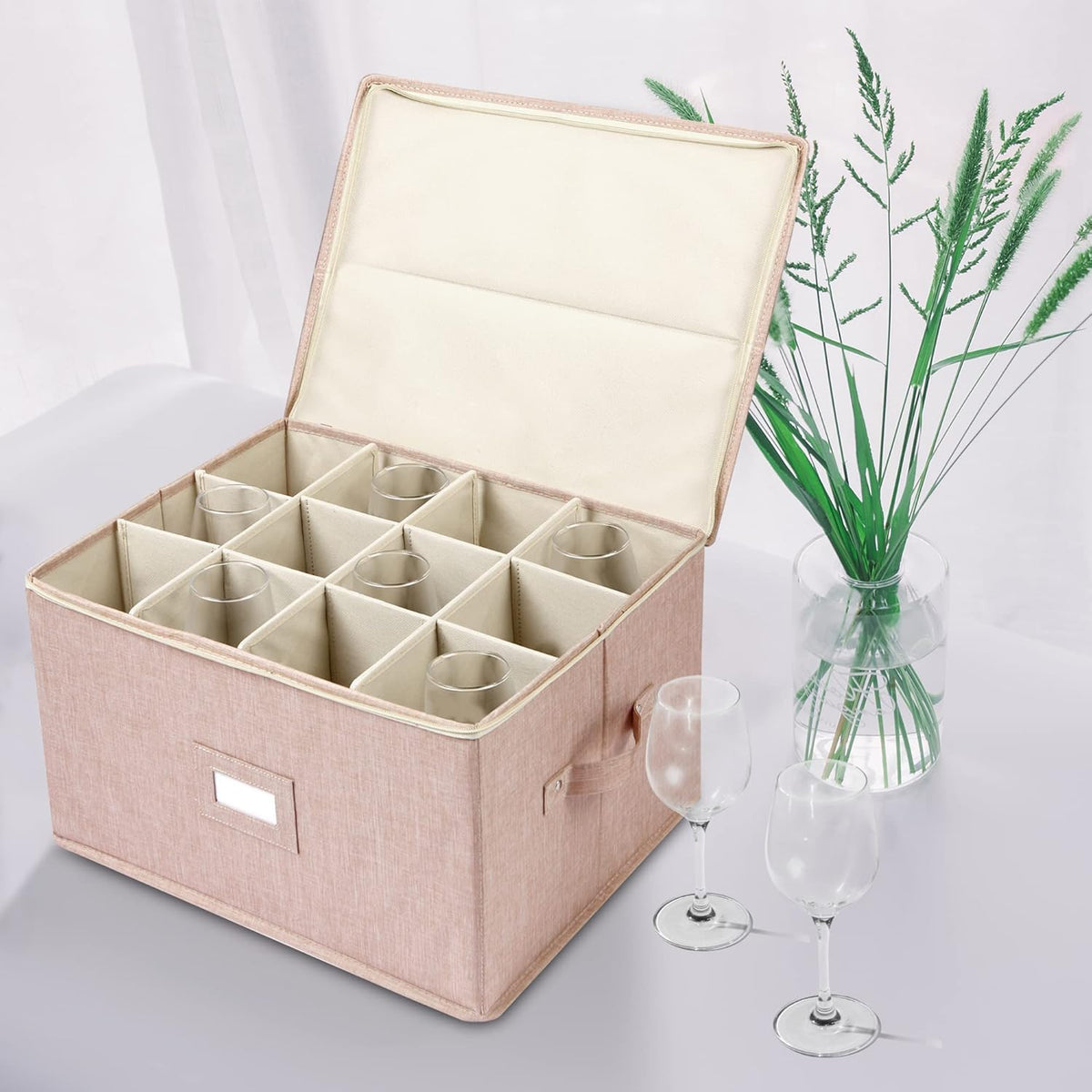 Popoly stemware storage container with dividers and label holder