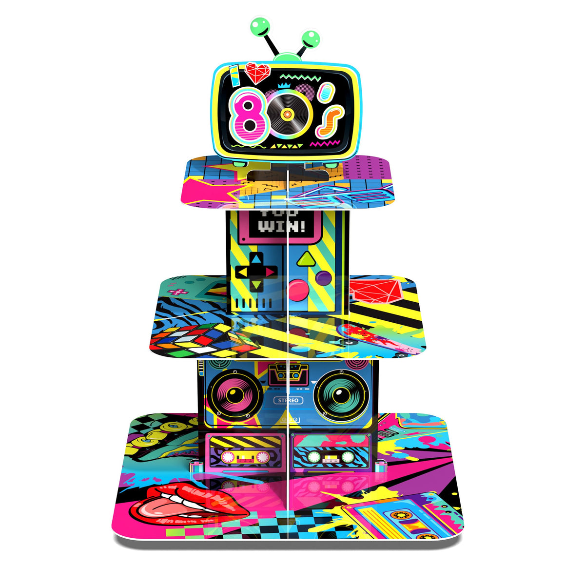 POPOOO 3-tier 90s cupcake stand assembled as a party centerpiece