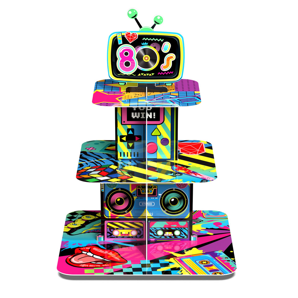 POPOOO 3-tier 90s cupcake stand assembled as a party centerpiece