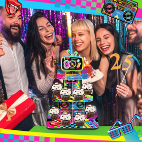 POPOOO 90s party decor black cupcake stand in action at a venue