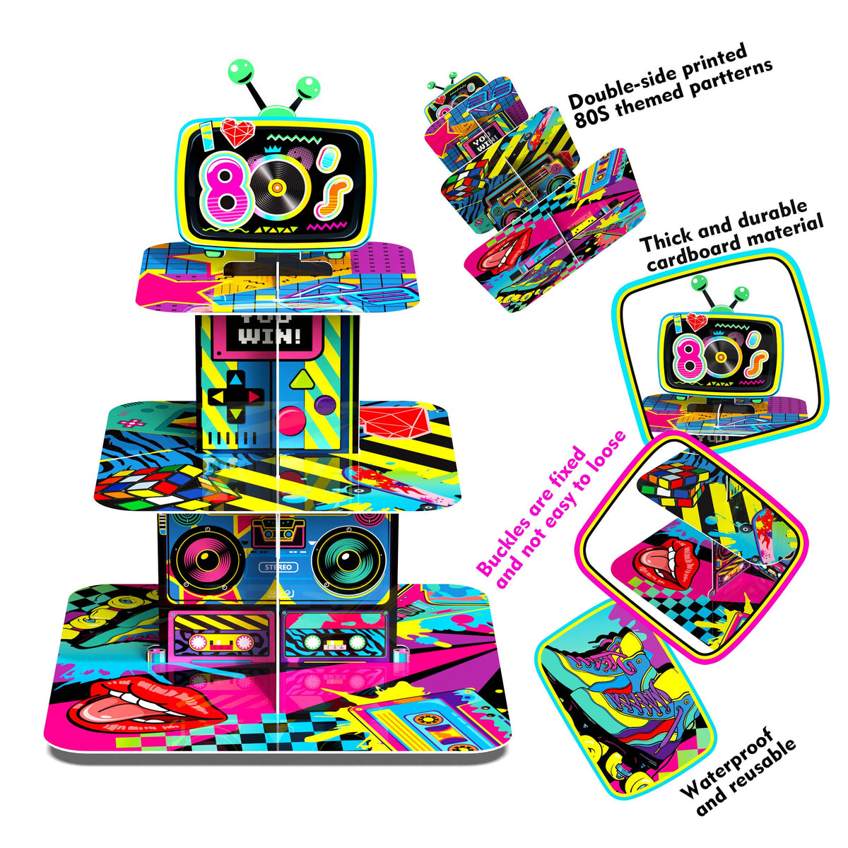 POPOOO 90s-theme cupcake stand with cupcakes creates a colorful dessert display
