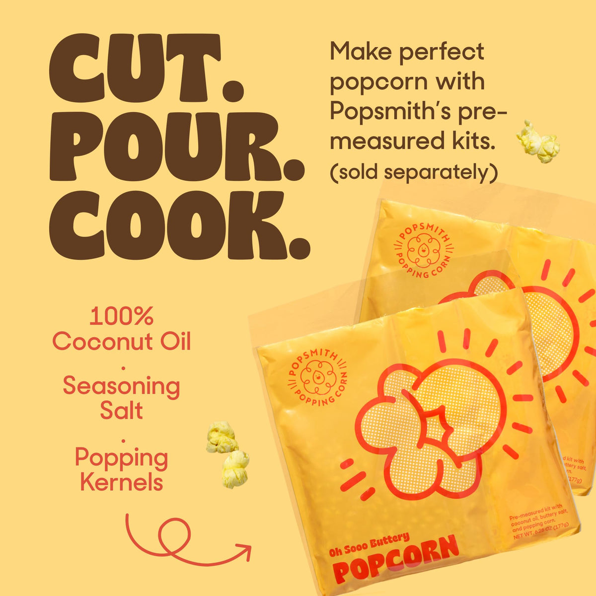 POPSMITH butter 6-quart popcorn popper in kitchen scene, elevating snack time.
