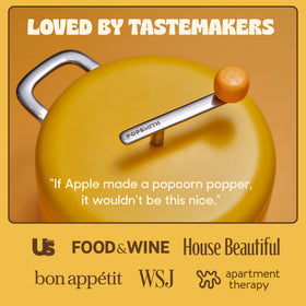 POPSMITH butter 6-quart popcorn popper pouring scene for tasty, shareable popcorn.