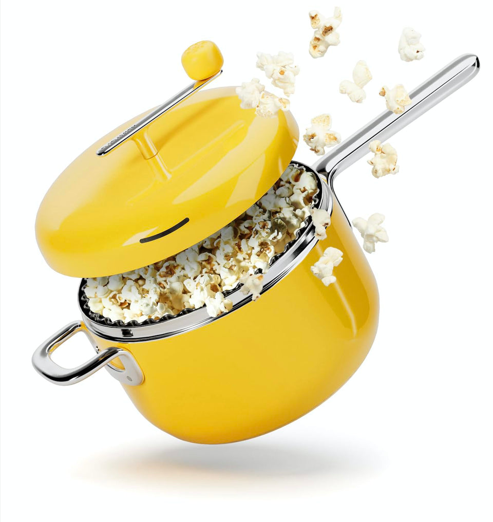 POPSMITH butter 6-quart popcorn popper side view, ideal for quick movie-night snacks.