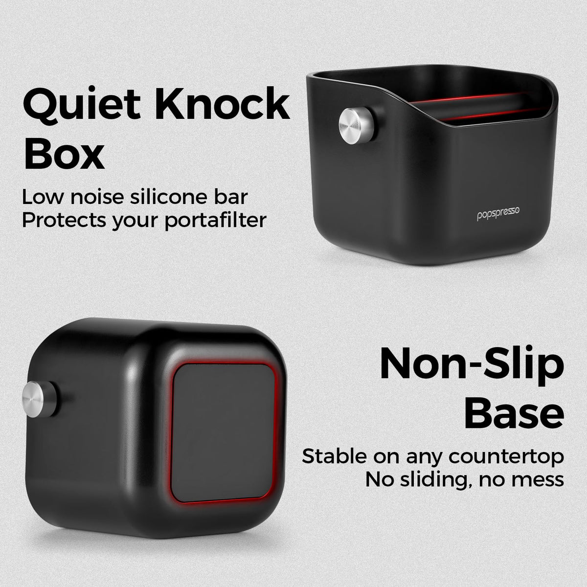 Popspresso knock box highlighting 1.5L capacity for busy espresso sessions.