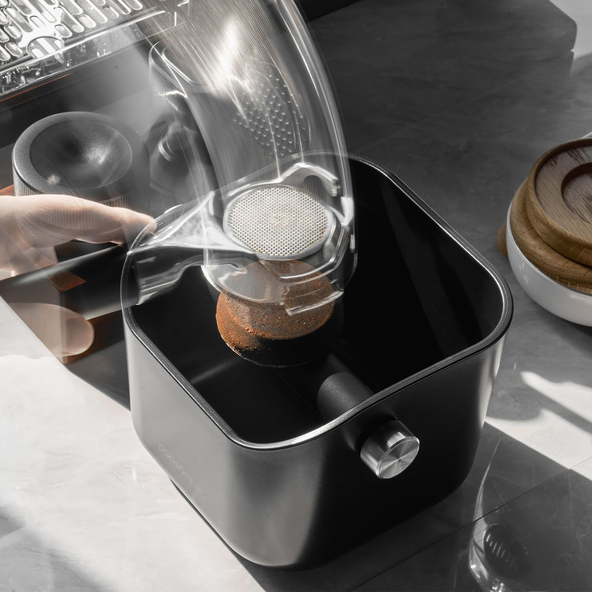 Popspresso knock box ideal for busy mornings with reduced noise.