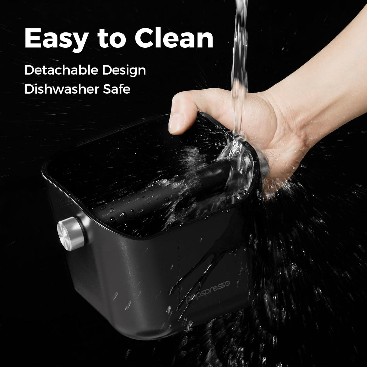 Popspresso knock box with non-slip base on a kitchen counter.