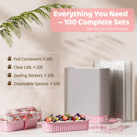 Porandia 100-pack mini loaf pans with lids, spoons, and stickers for easy gifting.