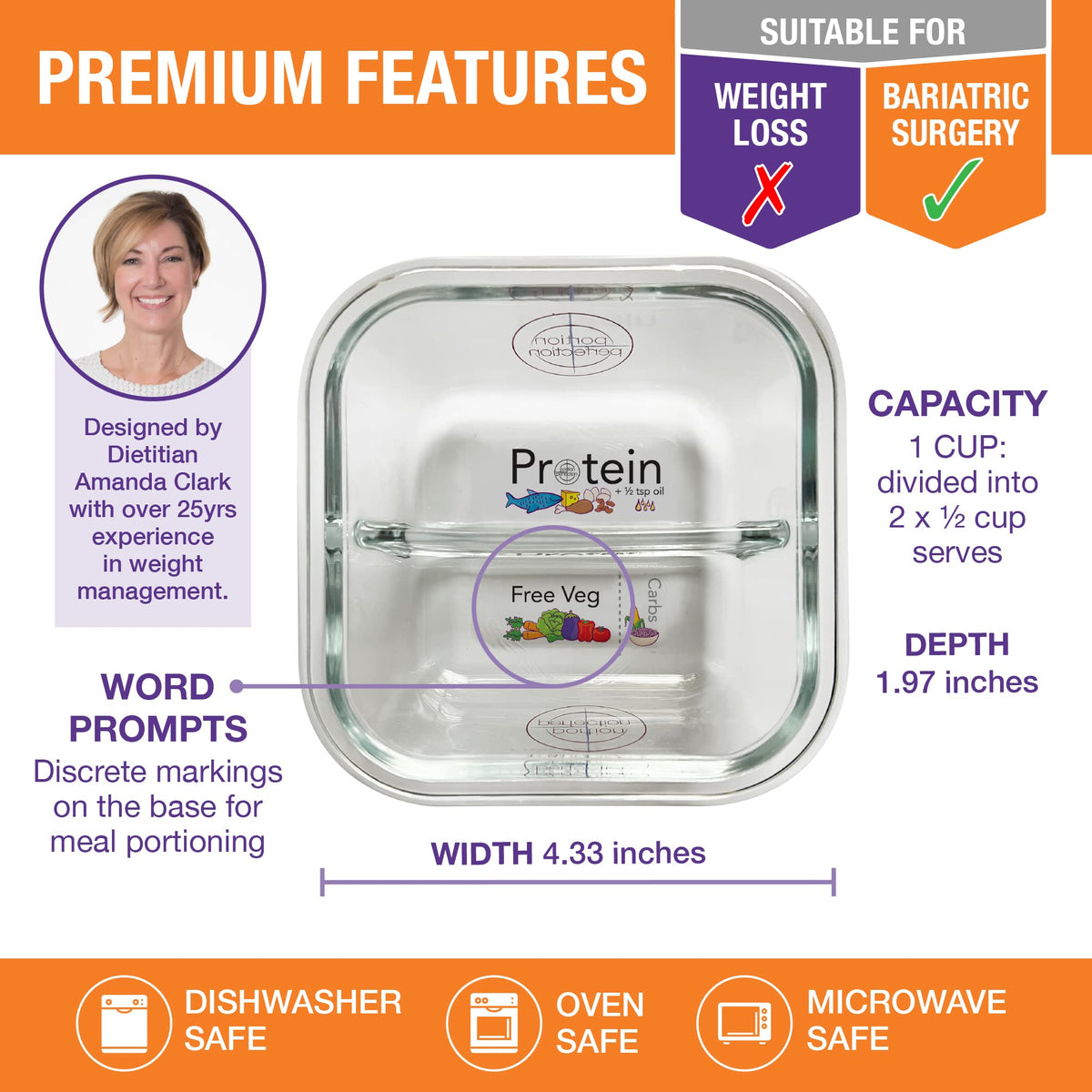 Portion Perfection glass bariatric containers with lids offer durable, reusable meal prep.