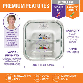 Portion Perfection glass bariatric containers with lids offer durable, reusable meal prep.