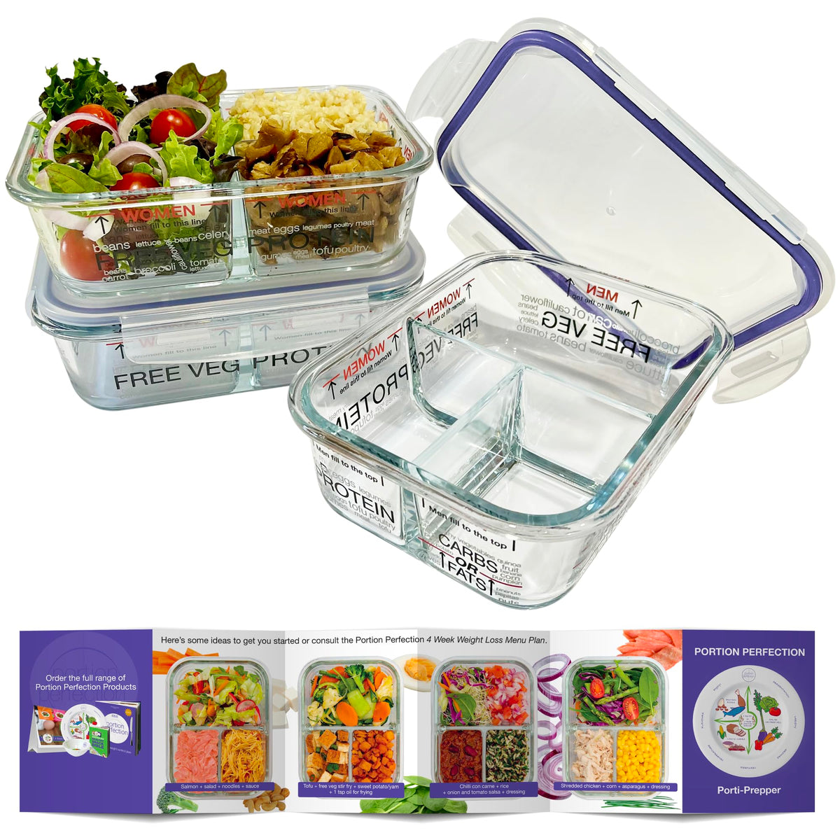Portion Perfection glass meal containers with three compartments for precise portion control, oven-to-table convenience