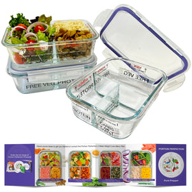 Portion Perfection glass meal containers with three compartments for precise portion control, oven-to-table convenience