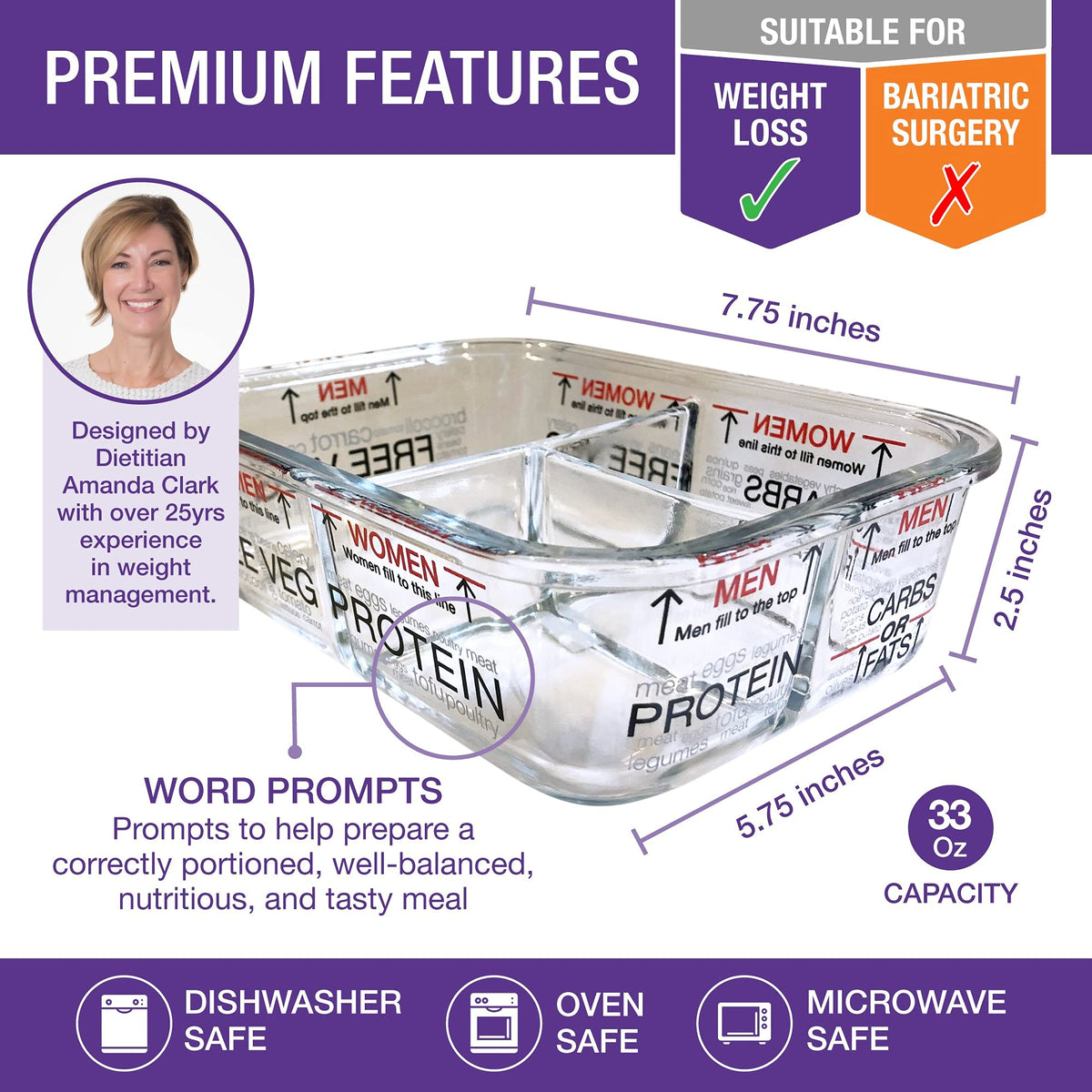 Portion Perfection three-compartment containers with lids for easy meal prep and transport on the go