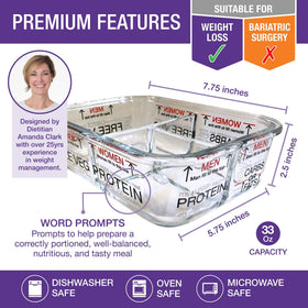 Portion Perfection three-compartment containers with lids for easy meal prep and transport on the go