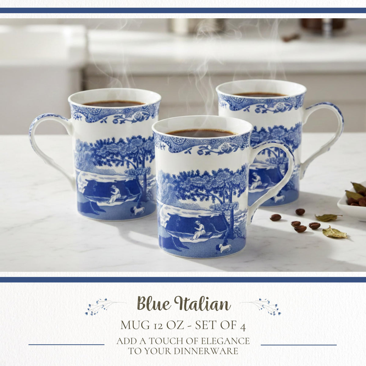 Portmeirion Spode Blue Italian mug closeup border highlights timeless elegance.