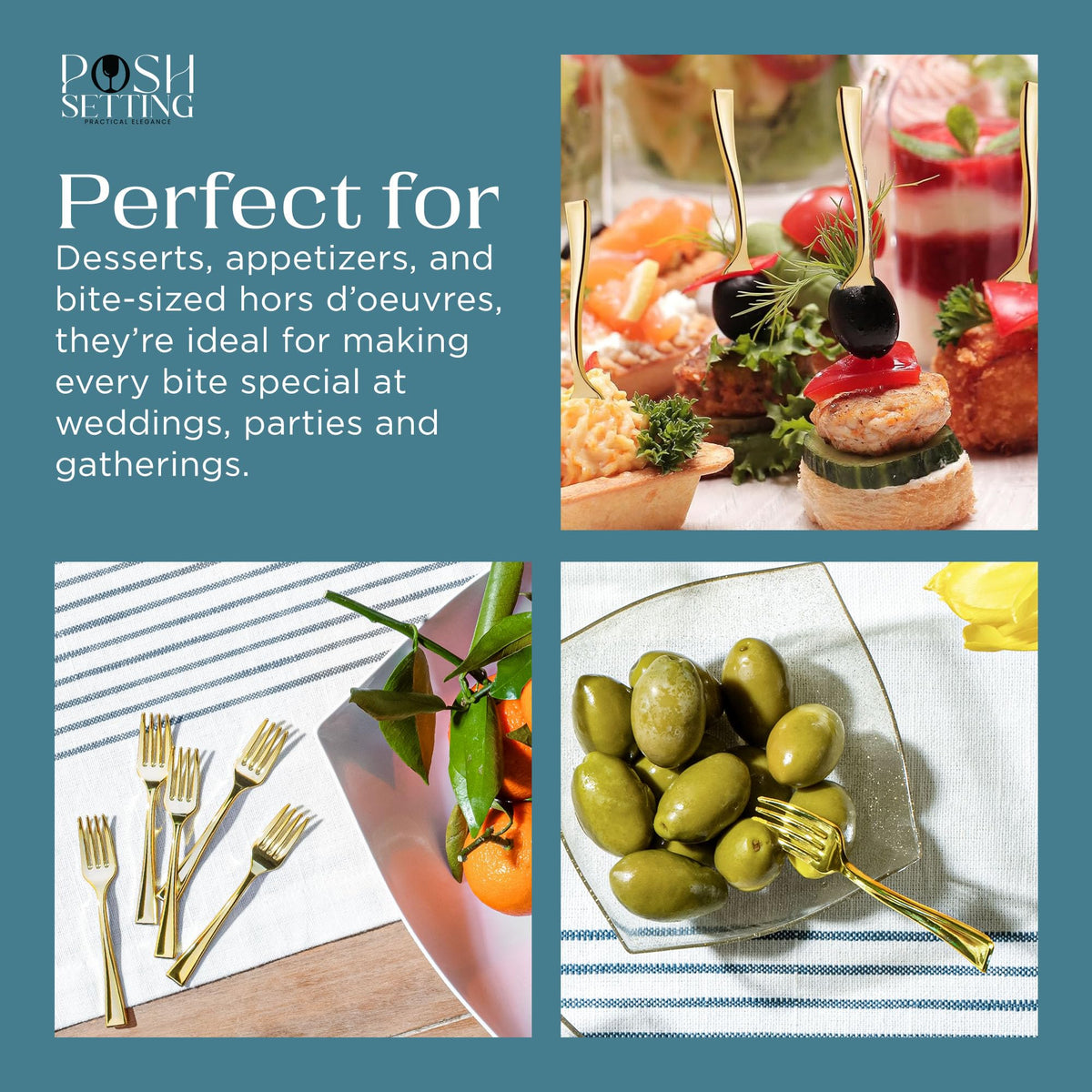 Posh Setting BPA-free gold forks safe and sturdy for any occasion.