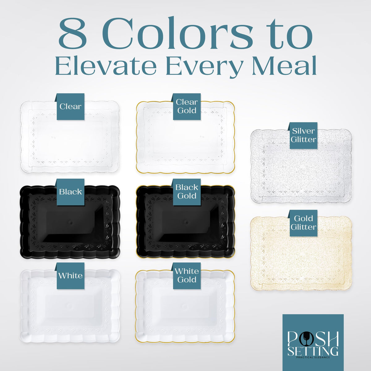 Posh Setting glitter gold serving tray designed for disposable party serving and cleanup.
