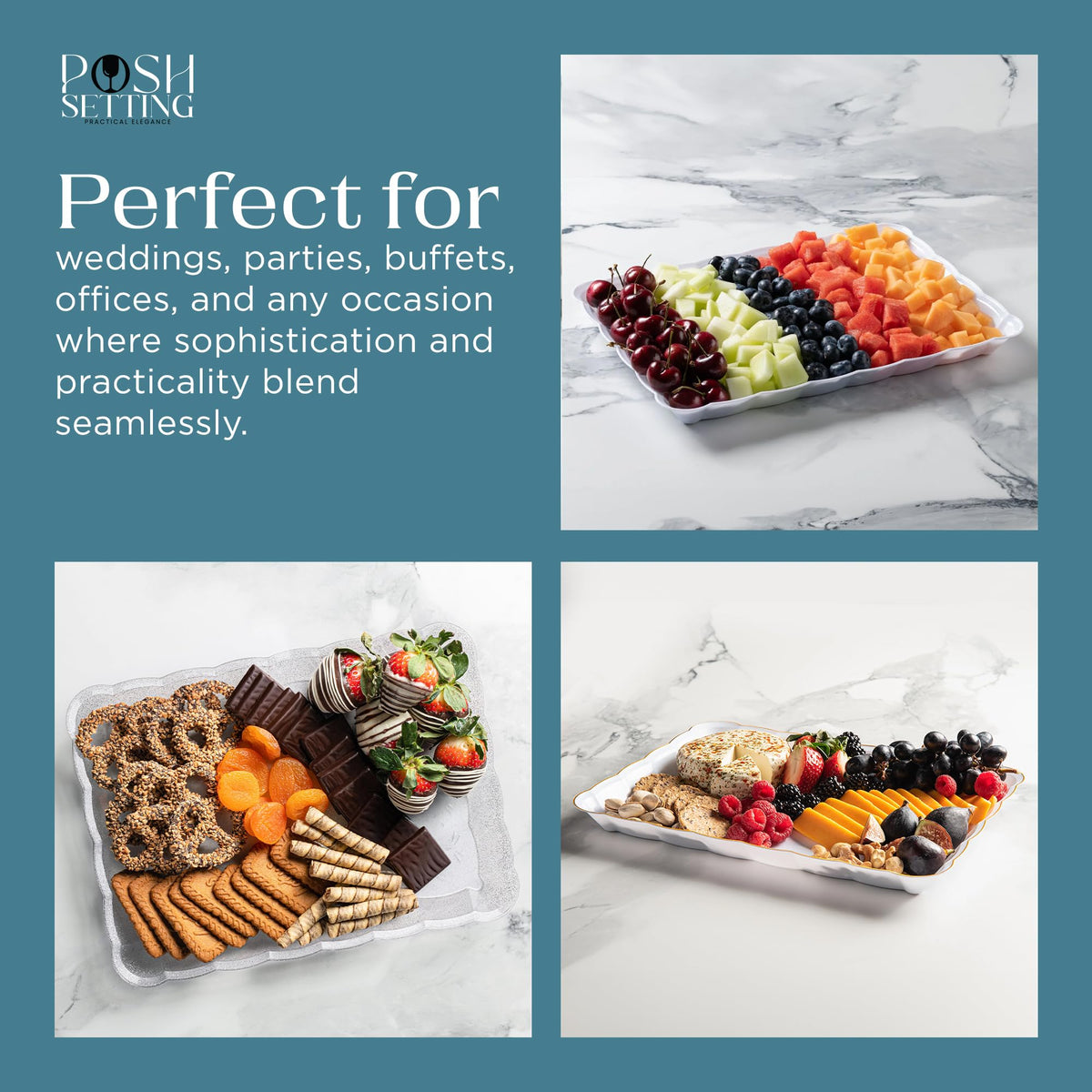 Posh Setting glitter gold serving tray on a lounge table for hors d'oeuvres.