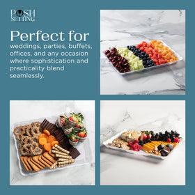 Posh Setting glitter gold serving tray on a lounge table for hors d'oeuvres.