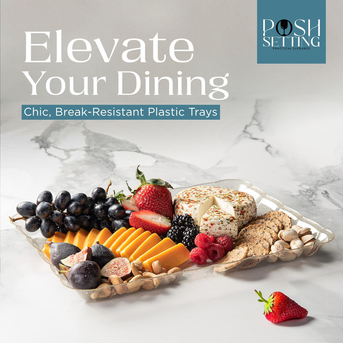 Posh Setting glitter gold serving tray for outdoor dining and easy service.
