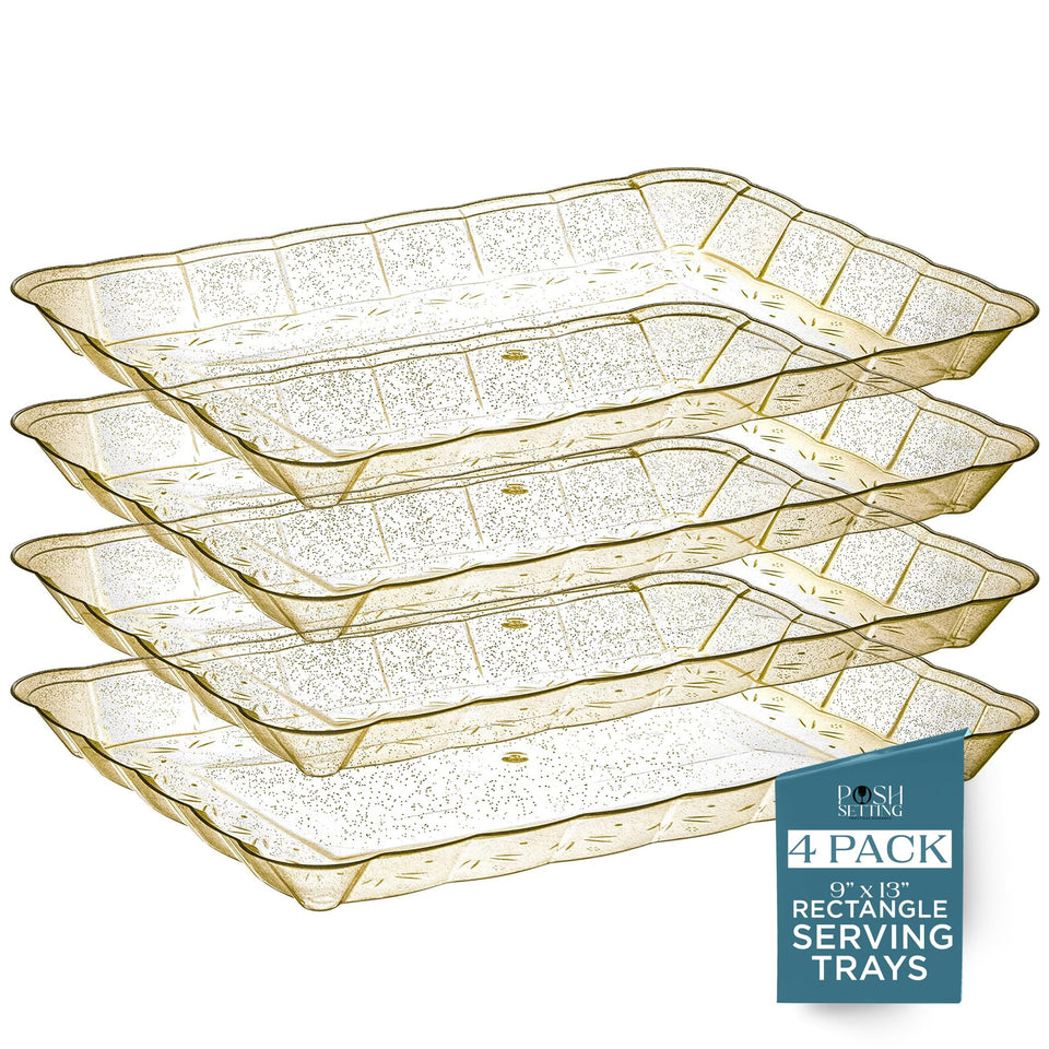 Posh Setting glitter gold serving tray used in a wedding setup for elegant presentation.