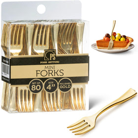 Posh Setting gold plastic mini forks 80-pack ideal for party appetizers.