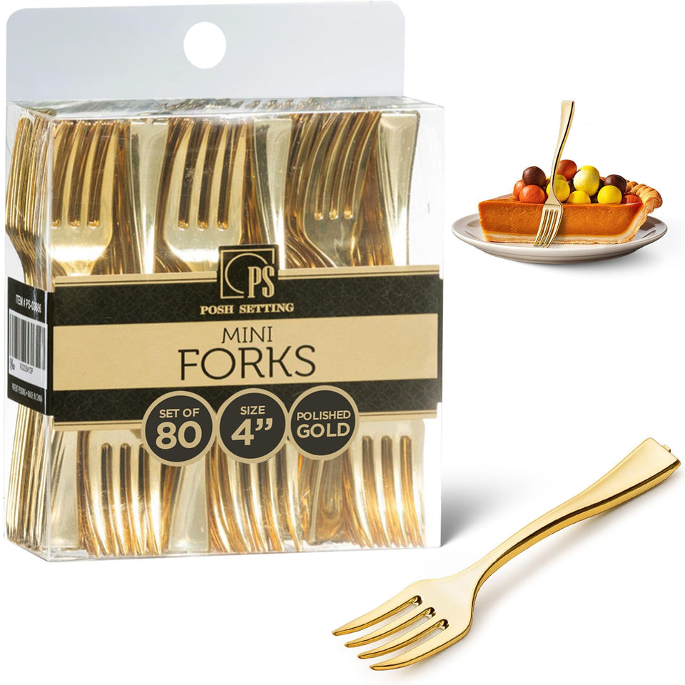 Posh Setting gold plastic mini forks 80-pack ideal for party appetizers.