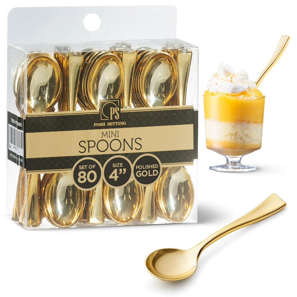 Posh Setting mini gold spoon for desserts, elegant disposable serving at parties.