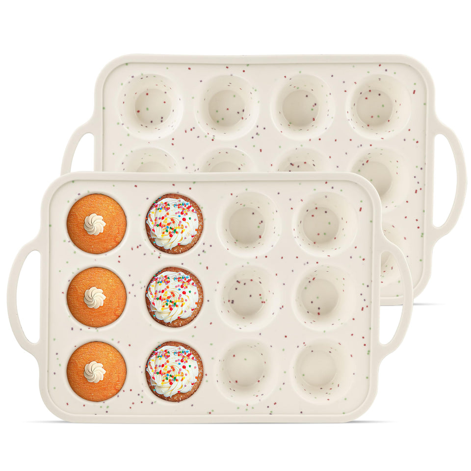 POSOSTO silicone muffin pan 2-pack with metal rim for sturdy bakeware and easy release.