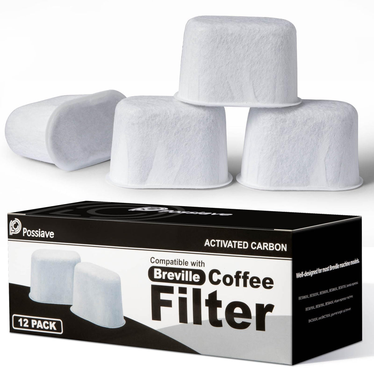 Possiave 12-pack charcoal filters for Breville BWF100 improve espresso water quality