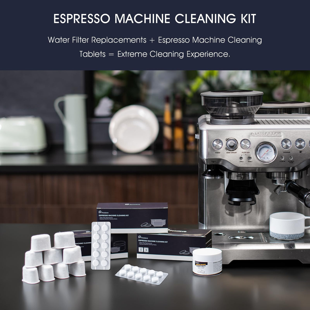 Pos­siave cleaning tablets for espresso cycle; quick 5-minute maintenance.