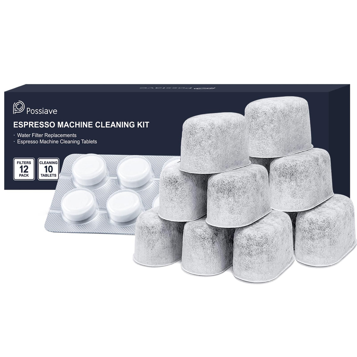 Pos­siave packaging and dosing instructions; clear monthly filter change guidance.