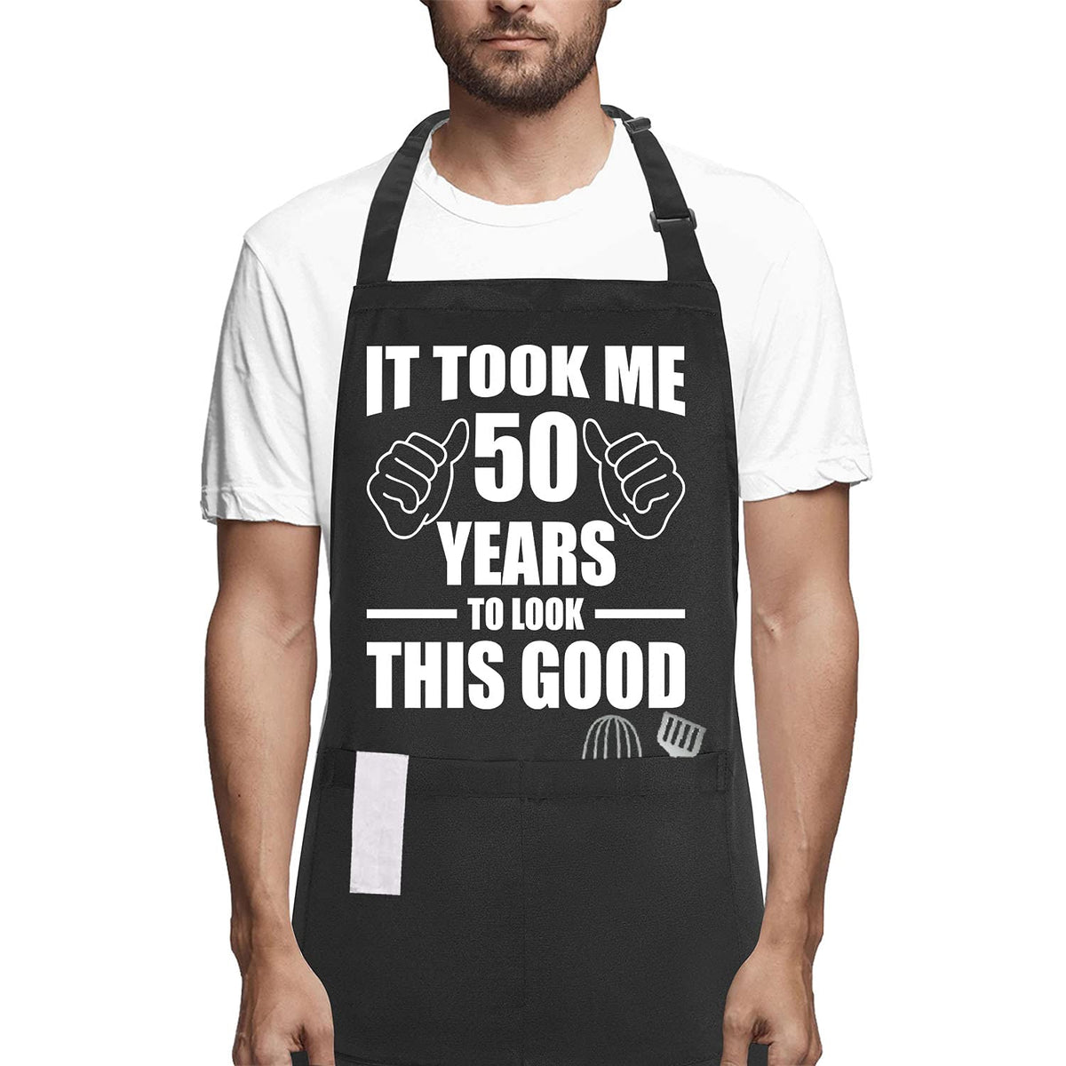 POTALKFREE 50th birthday apron with funny pockets keeps utensils handy.