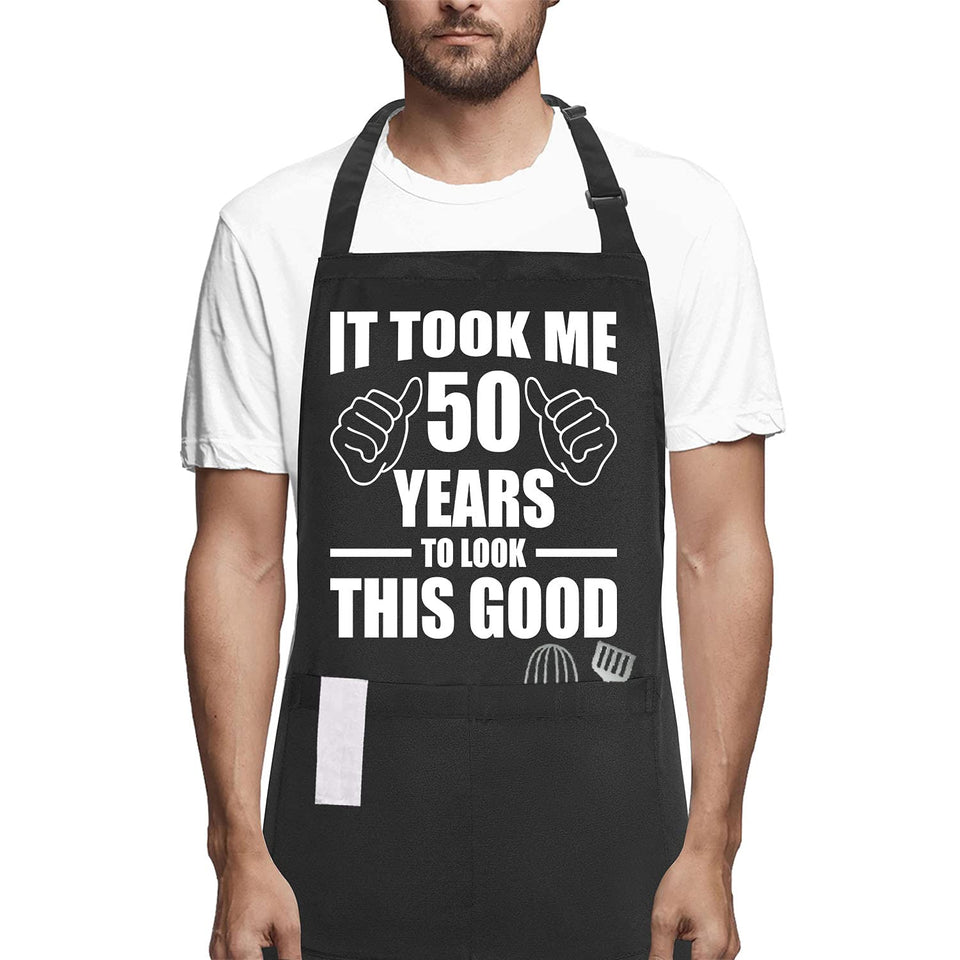 POTALKFREE 50th birthday apron with funny pockets keeps utensils handy.
