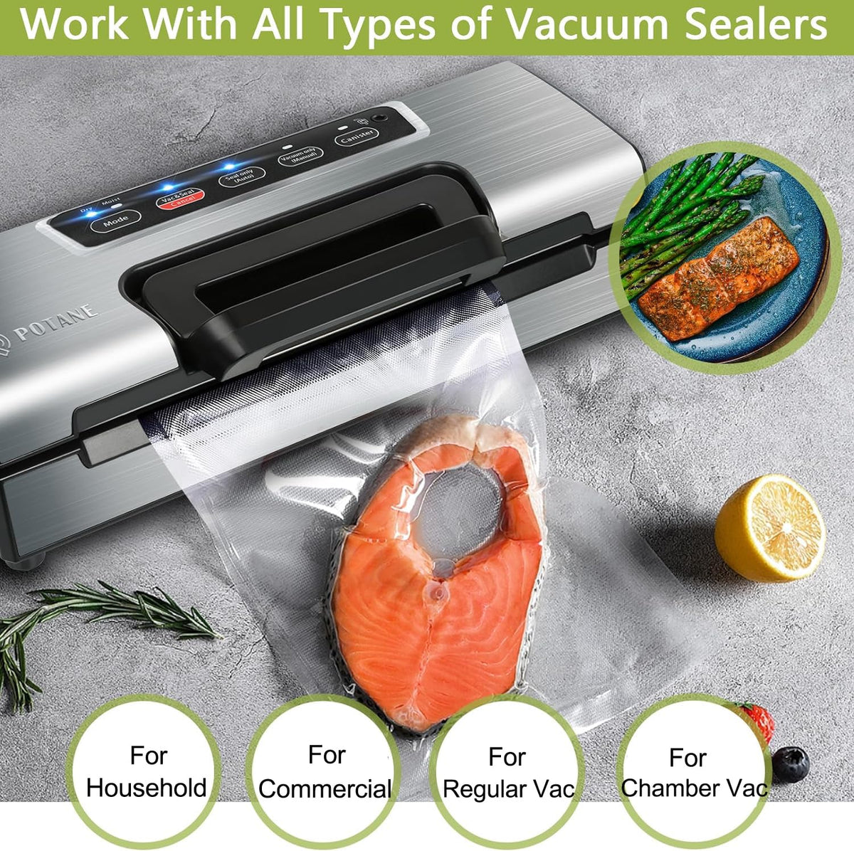 Potane 8x20 vacuum bags sealing action demonstrates airtight performance for fresh meals.