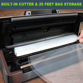 Potane Precision Vacuum Machine side view highlighting built-in storage and one-handed operation.