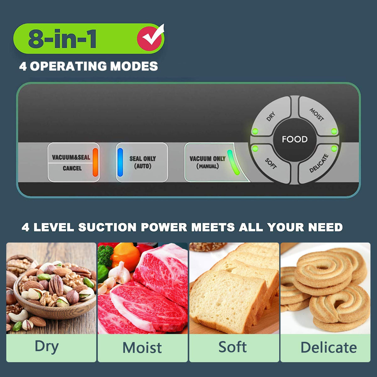 Potane vacuum-seal action on meat demonstrates strong sealing with a clean finish.