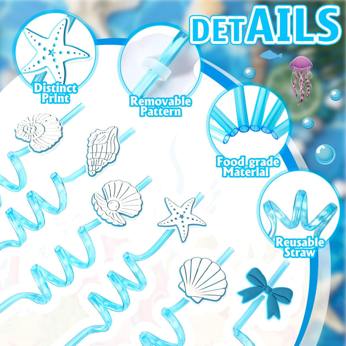 Potchen beach party table setup featuring sea-themed straws