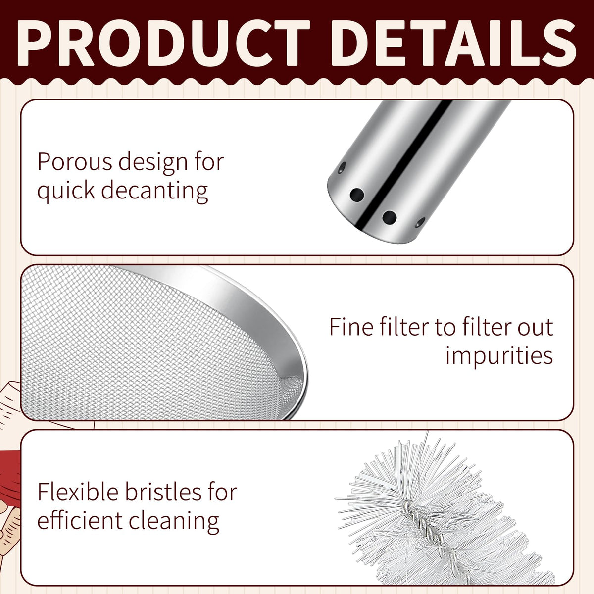 Potchen cleaning brushes in stainless steel kit for easy maintenance