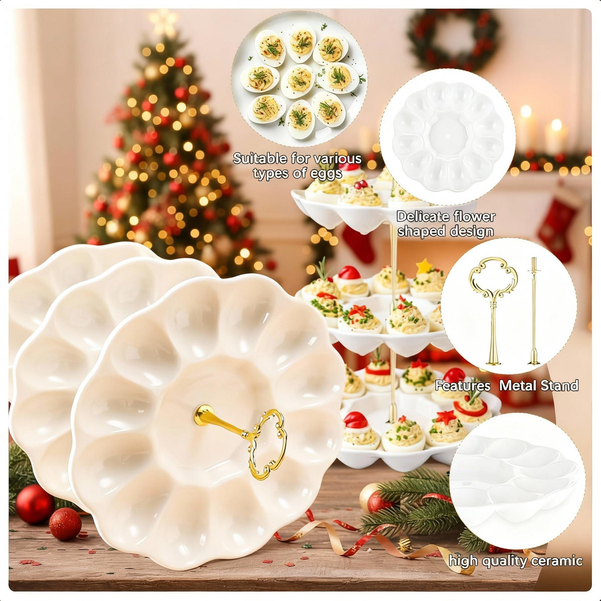 Potchen deviled egg display centerpiece enhances party presentation.