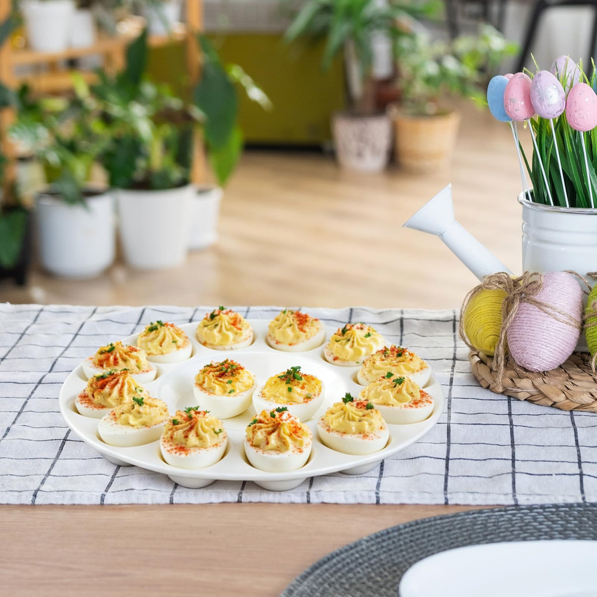 Potchen deviled egg platter on kitchen counter during Easter brunch.