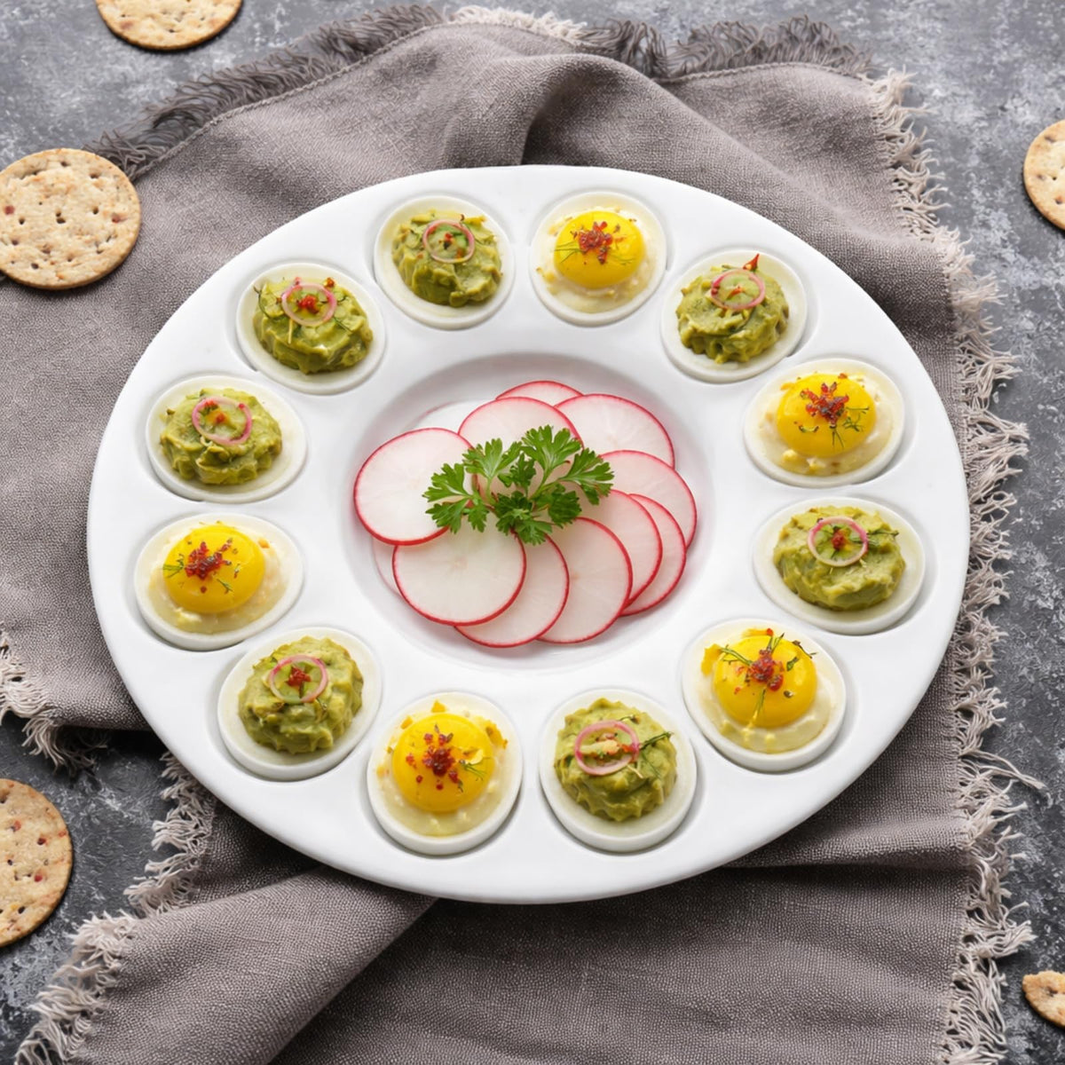 Potchen deviled egg tray top view shows 12 grooves for organized buffet-style serving.