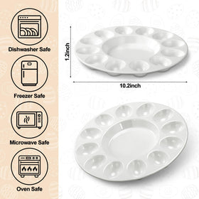 Potchen white ceramic deviled egg tray close-up highlighting glossy finish.