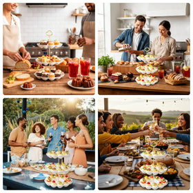 Potchen white floral gold-accent platter adds decorative appeal to gatherings.