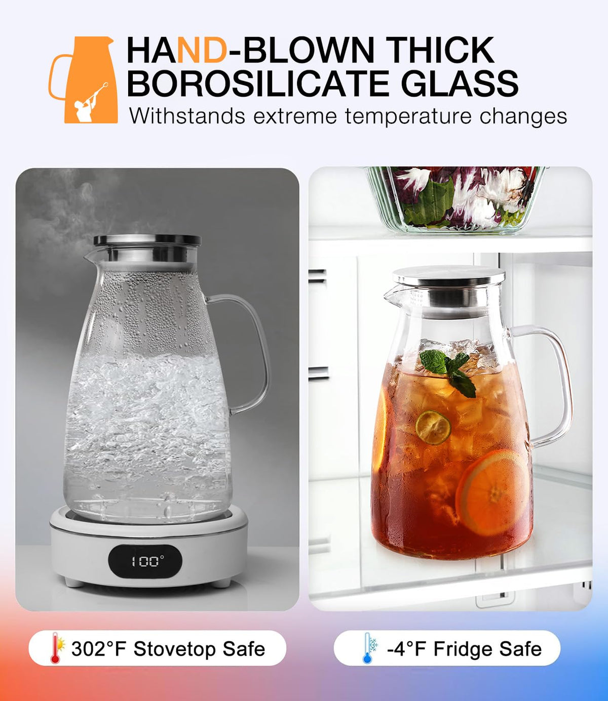 Potdoctor borosilicate glass pitcher resists temperature changes for hot or cold drinks.