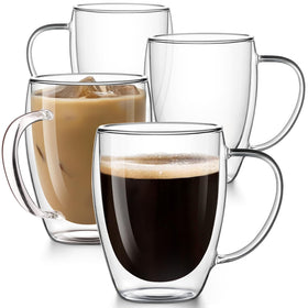 Potdoctor double-walled glass mug 12.5oz showing a floating drink with insulation.