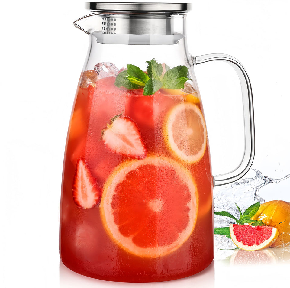 Potdoctor glass pitcher with lid and strainer for clean pouring.