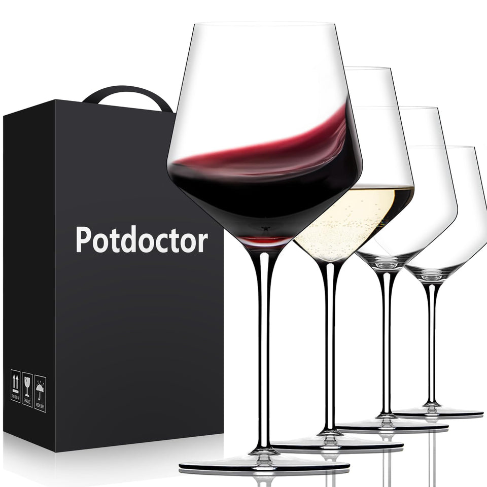 Potdoctor red wine glasses set of four with long stems for elegant tasting.