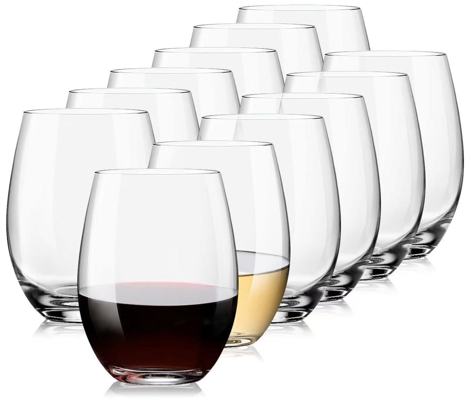 Potdoctor stemless wine glass in clear crystal, 15oz, ideal for tasting.