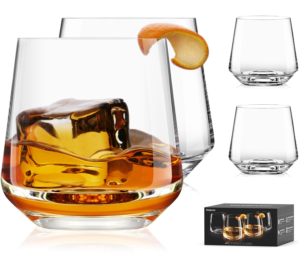 Potdoctor whiskey glass showing 13.5oz capacity for large ice balls.